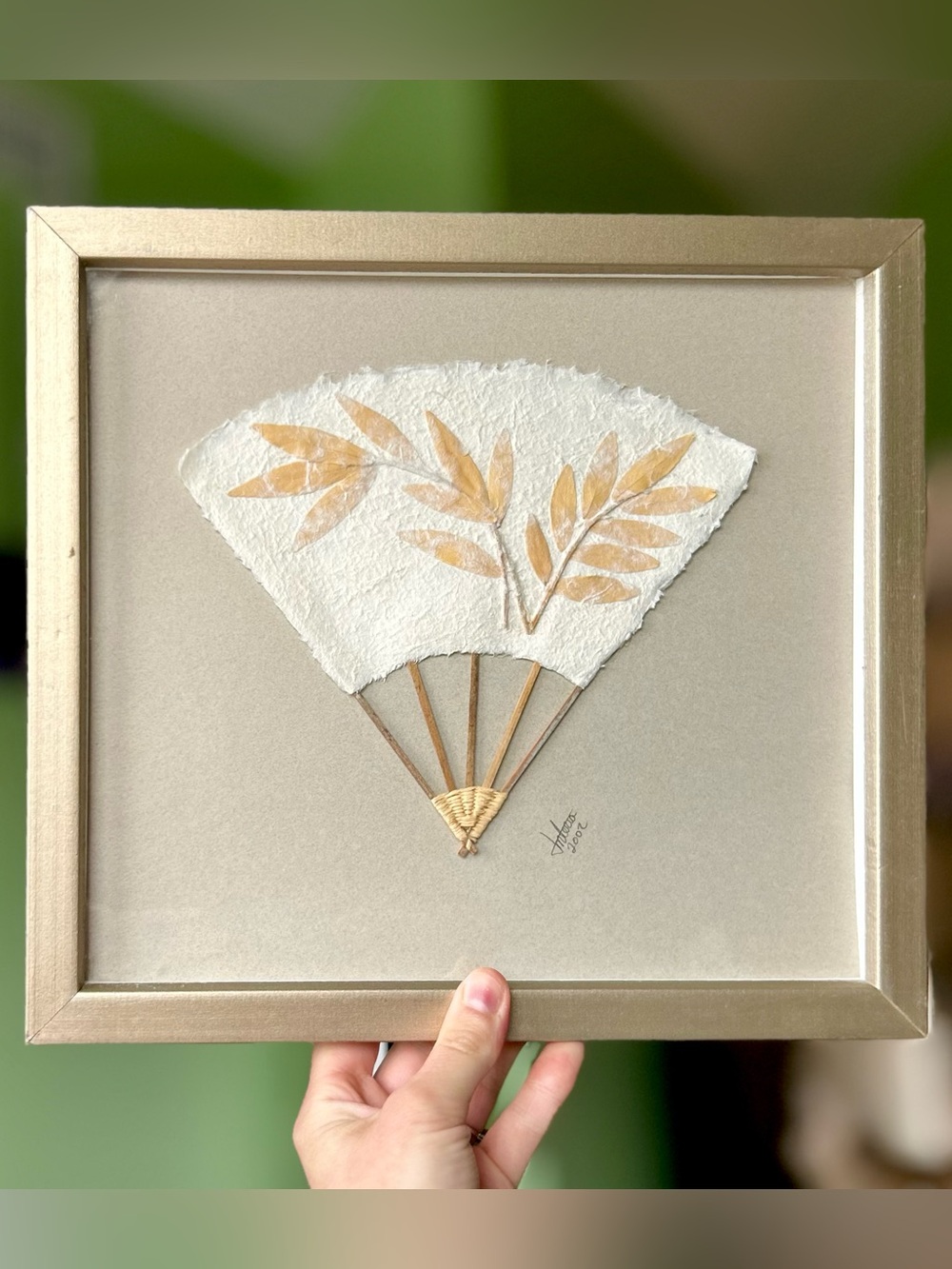 Vintage Handmade Dried Pressed Florals on Oriental Fan Framed Wall Decor